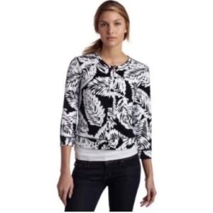 Rafaella Women's Cardigan Floral Black White 100% Cotton Sweater Top Size Large.